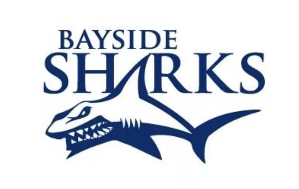 Bayside Sharks logo featuring a stylized blue shark graphic and bold text.