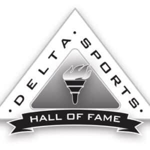 Delta Sports Hall of Fame logo featuring a triangular crest with a lit torch and banner text.