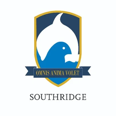 Southridge School crest featuring a stylized blue dolphin and the Latin motto "Omnis Anima Volet."
